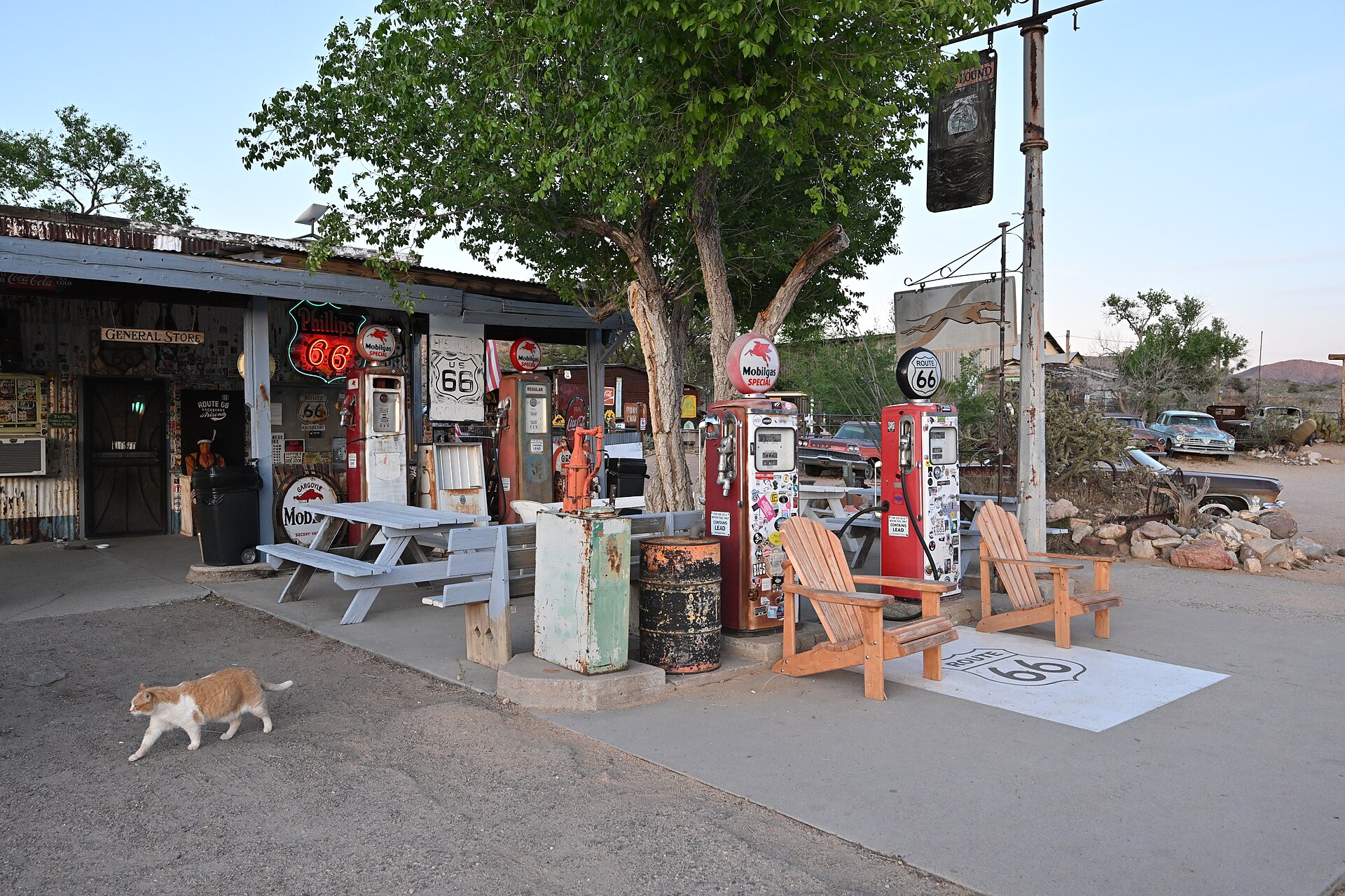Vintage gas pumps in front of the Hackberry General Store on Route 66 in Arizona