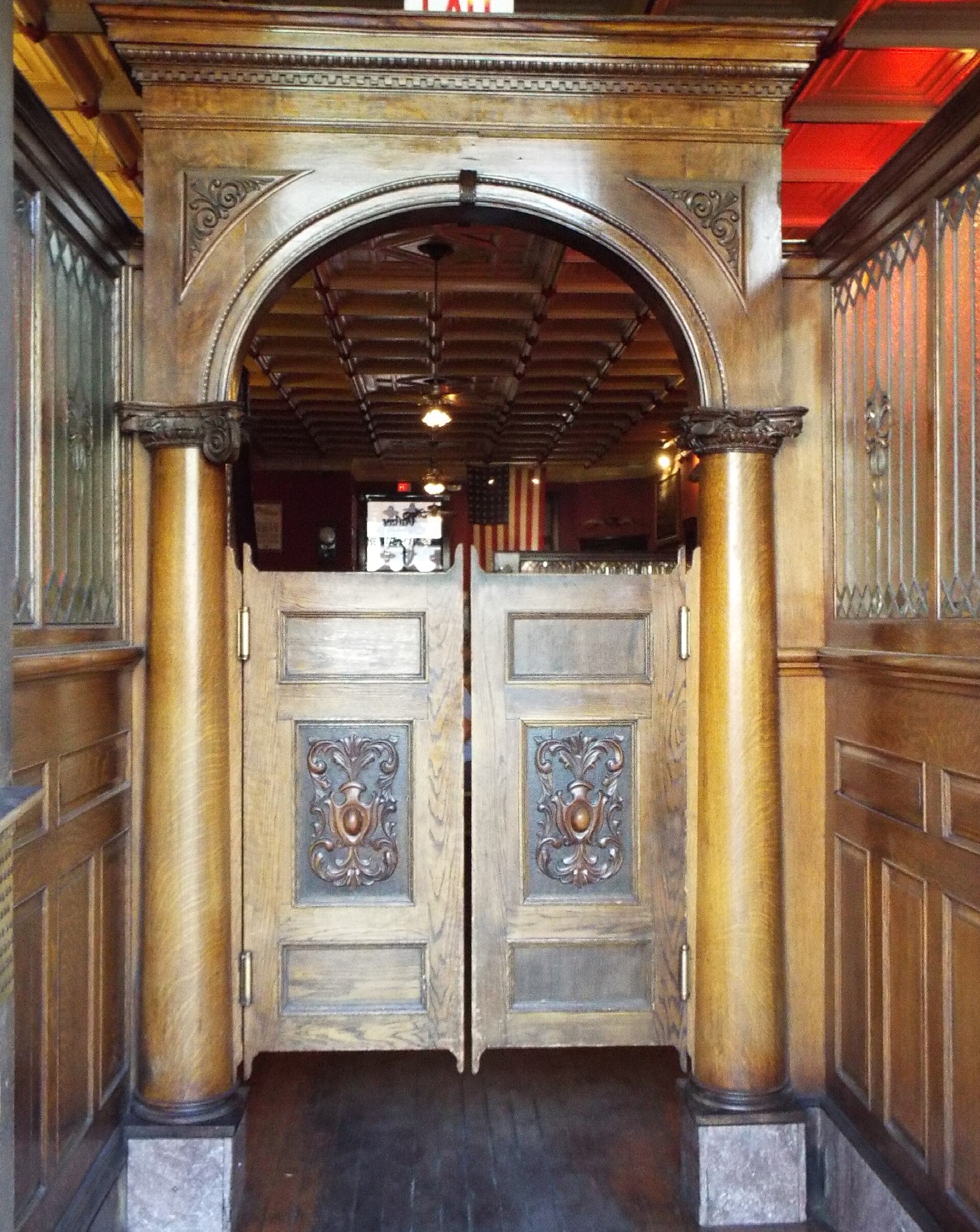 Wooden swinging saloon doors at the entrance of The Palace Restaurant and Saloon in Prescott, Arizona